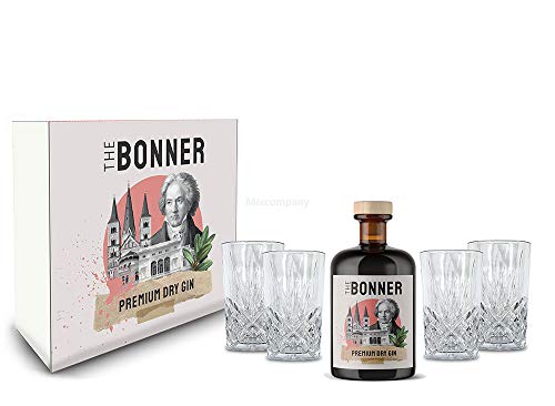 The Bonner Geschenkset - The Bonner Gin 0,5L (41% Vol) + 4x Longdrink Glas in Kristall Optik - [Enthält Sulfite] von Mixcompany.de Bar & Glas