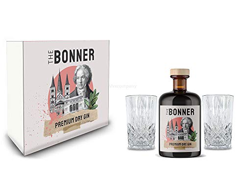 The Bonner Geschenkset - The Bonner Premium Dry Gin 0,5l (41% Vol) + 2x Longdrink Glas in Kristall Optik - [Enthält Sulfite] von Mixcompany.de Bar & Glas