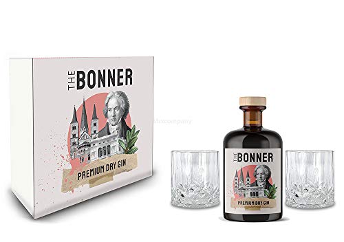 The Bonner Geschenkset - The Bonner Premium Dry Gin 0,5l (41% Vol) + 2x Tumbler Glas in Kristall Optik - [Enthält Sulfite] von Mixcompany.de Bar & Glas