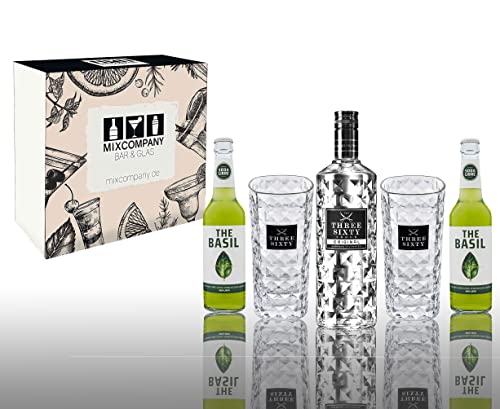 Three Sixty Original Geschenkset - Vodka 0,7L (37,5% Vol) + 2x Longdrink Glas + 2x Soda Libre The Basil 0,33L inkl. Pfand MEHRWEG- [Enthält Sulfite] von Mixcompany.de Bar & Glas