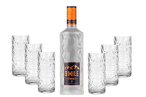 9 Mile Vodka Wodka 0,7l (37,5% Vol) + 6er Set 9 Mile Longdrinkglas/Longdrink Glas/Gläser Set - 6x Longdrinkgläser aus Glas - [Enthält Sulfite] von Mixcompany