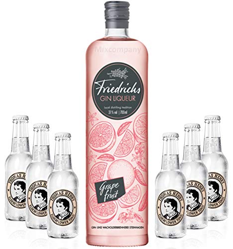 Friedrichs Gin Liqueur Grapefruit 0,7l 700ml (31% Vol) + 6x Thomas Henry Elderflower Water 200ml inkl. Pfand MEHRWEG Gin Tonic Bar- [Enthält Sulfite] von Mixcompany