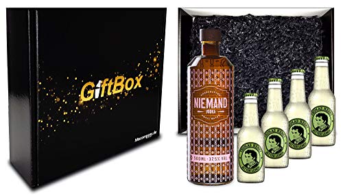 Giftbox Geschenk Box Geschenkset Niemand Vodka Small Batch Handcrafted Wodka 0,5l 500ml (37,5% Vol) + 4x Thomas Henry Bitter Lemon 200ml - Inkl. Pfand MEHRWEG Vodka Lemon Set - [Enthält Sulfite] von Mixcompany