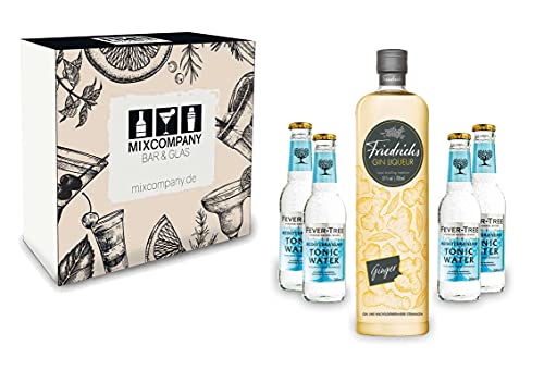 Gin Tonic Giftbox Geschenkset - Friedrichs Gin Liqueur Ginger 0,7l 700ml (31% Vol) + 4x FEVER-TREE Naturally Light Indian Tonic Water 0,2l MEHRWEG inkl. Pfand Gin Tonic Bar- [Enthält Sulfite] von Mixcompany