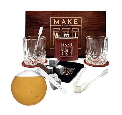 Kabumm Make Your Whisky Set - 0,7L (40% Vol) Whisky + Geschenkset in Holzbox mit 2x Tumbler 2x Untersetzer Flachmann Zange Pipette 8x Eiswürfel Stein [Enthält Sulfite] von Mixcompany