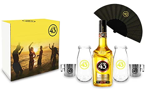 Licor 43 Geschenkset Cuarenta y Tres 0,7l (31% Vol) + 2x Milch Flasche/Gläser +2x Kaffee Kännchen + 1 Fächer- [Enthält Sulfite] von Mixcompany