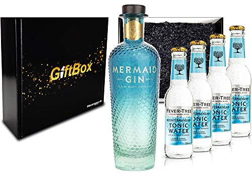 Mixcompany Gin Tonic Giftbox Geschenkset - Mermaid Gin 0,7L 700ml (42% Vol) + 4x Fever-Tree Mediterranean Tonic Water 0,2 MEHRWEG inkl. Pfand Gin Tonic Bar- [Enthält Sulfite] von Mixcompany