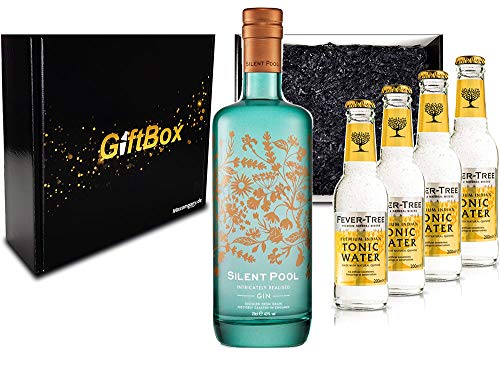 Mixcompany Gin Tonic Giftbox Geschenkset - Silent Pool Gin 0,7L 700ml (43% Vol) + 4x Fever-Tree Premium Indian Tonic Water 0,2l MEHRWEG inkl. Pfand Gin Tonic Bar- [Enthält Sulfite] von Mixcompany