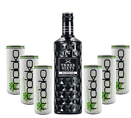 Three Sixty Black Vodka Wodka Set - Three Sixty Black Vodka 0,7L 700ml (42% Vol) + 6x Moloko Sugarfree 250ml inkl. Pfand - EINWEG- [Enthält Sulfite] von Mixcompany.de Bar & Glas