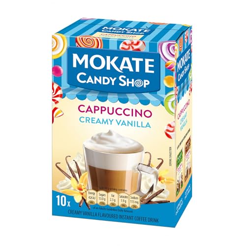 MOKATE® Cappuccino Candy Shop|10 Säckchen 220g Geschmack: Vanille | Instantkaffee Kaffeegetränk Instantkaffee Samtig Aromatisch Cremiger Getränk Getränkepulver aus löslichem Bohnenkaffee von Mokate