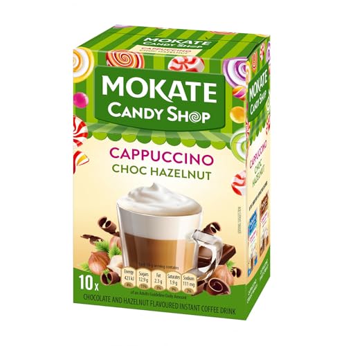 MOKATE® Candy Shop Cappuccino Schokolade Haselnuss - 1 Box - 220g - 10 Säckchen - Instantkaffee Koffeinhaltig - Choc Hazelnut - Kaffeegetränk Aromatisch Cremiger Getränk Löslicher Kaffee Kaffeepulver von MOKATE