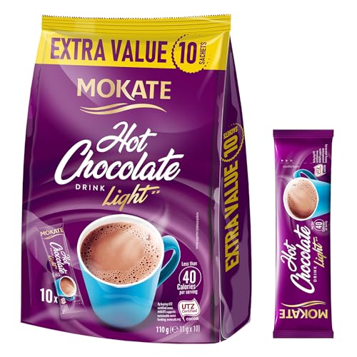 MOKATE® Hot Chocolate Trinkschokolade | 10 Säckchen 110g | Light | Trinkmilchschokolade lösliches Instant Getränkepulver Smooth & Creamy Kakao Pulver Getränke Intensives Aroma von Mokate