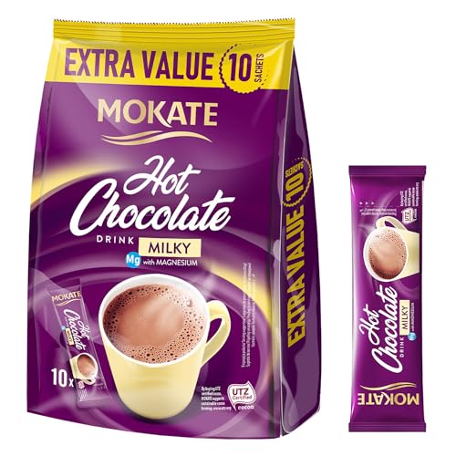 MOKATE® Hot Chocolate Trinkschokolade | 10 Säckchen 180g | Geschmack: Milchig mit Magnesium | Trinkmilchschokolade lösliches Instant Getränkepulver Smooth & Creamy Kakao Pulver Getränke von Mokate