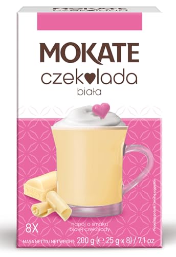 MOKATE® Hot Chocolate Trinkschokolade | 8 Säckchen 200g | Geschmack: Weiße Schokolade | Trinkmilchschokolade lösliches Instant Getränkepulver Smooth & Creamy Kakao Pulver Getränke von Mokate