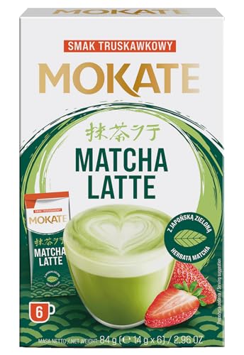 MOKATE® Matcha Latte | 6 Säckchen 84g Geschmack: Erdbeere | Matcha Latte Instant Pulver | Matcha Tee Pulver | Green Tea aus Japan | Tee von Mokate