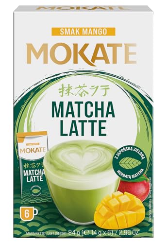 MOKATE® Matcha Latte | 6 Säckchen 84g Geschmack: Mango | Matcha Latte Instant Pulver | Matcha Tee Pulver | Green Tea aus Japan | Tee von Mokate