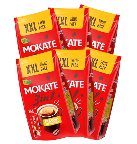 MOKATE 3 in 1 XXL Instantkaffee Classic / 6er Pack (6 x 24 Sticks a 17g) Instant Kaffee Getränkepulver aus löslichem Bohnenkaffee von MOKATE