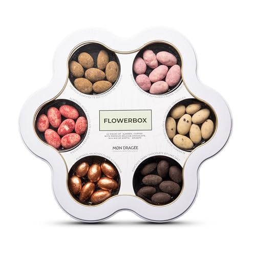 Mon Dragée Flower Box 180g, Luxus-Feinkost-Pralinen, 6 Sorten Dänische Schokoladen-Mandeln, Glutenfreie Pralinen-Geschenkbox in Blütenform, Edles Geschenk für Liebhaber besonderer Süßigkeiten von Mon Dragée