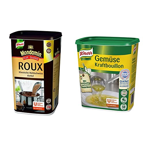 Mondamin Roux dunkel Klassische Mehlschwitze 1 kg, 1er Pack (1 x 1 kg) & Knorr Gemüse Kraftbouillon (Gemüsebrühe mit Suppengrün, rein pflanzlich, vegan) 1er Pack (1 x 1 kg) von Mondamin