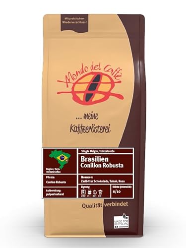 Brasilien Conillon Robusta/pulped natural Kaffee ganze Bohne Mondo del Caffè (1000gr., Zartbitter Schokolade, Tabak, Nuss) von Mondo del Caffè