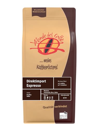 Direkt Import Espresso 70% Arabica/ 30% Canephora (Robusta) (Spitzenespresso, ganze Bohne) in 1000gr, 500gr oder 250gr. (1000g, Nuss, Sahne, Schokolade) von Mondo del Caffè
