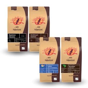 Probierset Espresso 4 Packungen a 250 gr. Espresso ganze Bohne der Rösterei Mondo del Caffè (eine der besten Kaffeeröstereien Deutschlands, Feinschmecker 2018) im Geschenkkarton mit Begleitheft von Mondo del Caffè