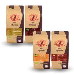 Probierset Weltreise 4 Packungen a 250 gr. Kaffee der Rösterei Mondo del Caffè (eine der besten Kaffeeröstereien Deutschlands, Feinschmecker 2018) im Geschenkkarton mit Begleitheft von Mondo del Caffè