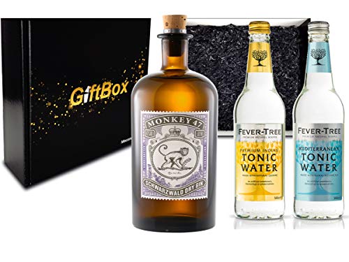 Gin Tonic Set Giftbox Geschenkset - Monkey 47 Schwarzwald Dry Gin 0,5l (47% Vol) + 2x Fever Tree Tonic Water Mix je 500ml -[Enthält Sulfite] - Inkl. Pfand MEHRWEG von Monkey 47-Monkey 47