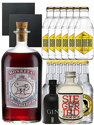 Gin-Set Monkey 47 SLOE GIN Schwarzwald Dry Gin 0,5 Liter + Black Gin Gansloser 5cl + Siegfried Dry Gin Deutschland 4cl + 6 x Thomas Henry Tonic Water 0,2 Liter, 6 x Goldberg Tonic Water 0,2 Liter + 2 Schieferuntersetzer quadratisch 9,5 cm von Monkey 47