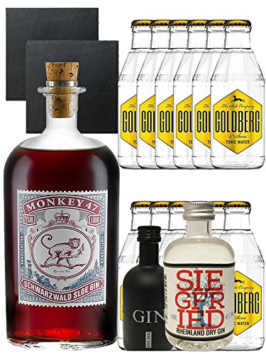 Gin-Set Monkey 47 SLOE GIN Schwarzwald Dry Gin 0,5 Liter + Black Gin Gansloser Deutschland 5cl + Siegfried Dry Gin Deutschland 4cl + 12 x Goldberg Tonic Water 0,2 Liter + 2 Schieferuntersetzer quadratisch 9,5 cm von Monkey 47