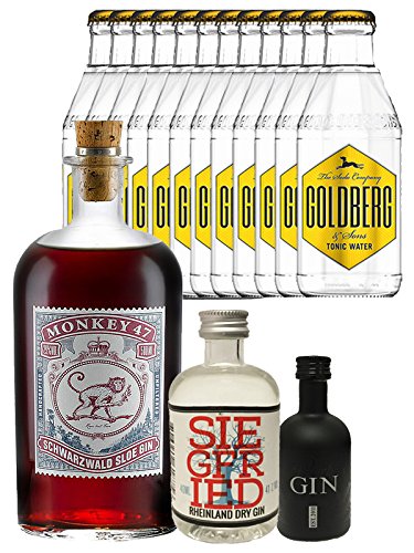 Gin-Set Monkey 47 SLOE GIN Schwarzwald Dry Gin 0,5 Liter + Black Gin Gansloser Deutschland 5cl + Siegfried Dry Gin Deutschland 4cl + 12 x Goldberg Tonic Water 0,2 Liter von Monkey 47