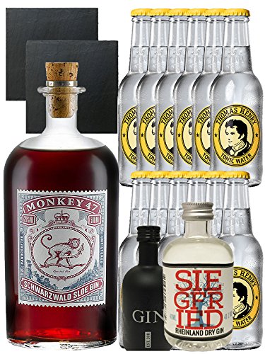 Gin-Set Monkey 47 SLOE GIN Schwarzwald Dry Gin 0,5 Liter + Black Gin Gansloser Deutschland 5cl + Siegfried Dry Gin Deutschland 4cl + 12 x Thomas Henry Tonic Water 0,2 Liter + 2 Schieferuntersetzer quadratisch 9,5 cm Gin-Set Monkey 47 SLOE GIN Schwarzwald Dry Gin 0,5 Liter + Black Gin Gansloser Deutschland 5cl + Siegfried Dry Gin Deutschland 4cl + 12 x Thomas Henry Tonic Water 0,2 Liter + 2 Schieferuntersetzer quadratisch 9,5 cm von Monkey 47