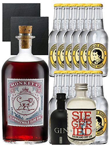 Gin-Set Monkey 47 SLOE GIN Schwarzwald Dry Gin 0,5 Liter + Black Gin Gansloser Deutschland 5cl + Siegfried Dry Gin Deutschland 4cl + 12 x Thomas Henry Tonic Water 0,2 Liter + 2 Schieferuntersetzer quadratisch 9,5 cm von Monkey 47