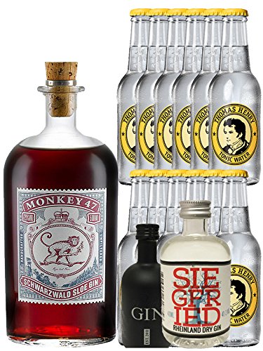 Gin-Set Monkey 47 SLOE GIN Schwarzwald Dry Gin 0,5 Liter + Black Gin Gansloser Deutschland 5cl + Siegfried Dry Gin Deutschland 4cl + 12 x Thomas Henry Tonic Water 0,2 Liter von Monkey 47
