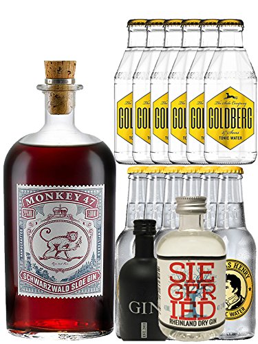 Gin-Set Monkey 47 SLOE GIN Schwarzwald Dry Gin 0,5 Liter + Black Gin Gansloser Deutschland 5cl + Siegfried Dry Gin Deutschland 4cl + 6 x Thomas Henry Tonic Water 0,2 Liter, 6 x Goldberg Tonic Water 0,2 Liter von Monkey 47