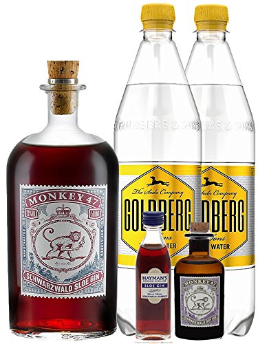 Gin-Set Monkey 47 SLOE GIN Schwarzwald Dry Gin 0,5 Liter + Haymans Sloe Gin 5cl + Monkey 47 Schwarzwald Dry Gin 5cl MINIATUR + 2 x Goldberg Tonic Water 1,0 Liter von Monkey 47