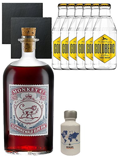 Gin-Set Monkey 47 SLOE GIN Schwarzwald Dry Gin 0,5 Liter + Nordes Atlantic Gin 0,05 Liter Miniatur + 6 Goldberg Tonic Water 0,2 Liter + 2 Schieferuntersetzer quadratisch 9,5 cm von Monkey 47