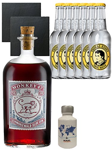 Gin-Set Monkey 47 SLOE GIN Schwarzwald Dry Gin 0,5 Liter + Nordes Atlantic Gin 0,05 Liter Miniatur + 6 Thomas Henry Tonic Water 0,2 Liter + 2 Schieferuntersetzer quadratisch 9,5 cm von Monkey 47