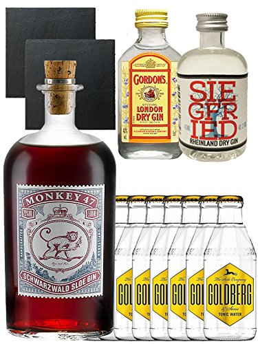 Gin-Set Monkey 47 SLOE GIN Schwarzwald Dry Gin 0,5 Liter + Siegfried Dry Gin Deutschland 4cl + Gordons Dry Gin 5cl + 8 x Goldberg Tonic Water 0,2 Liter + 2 Schieferuntersetzer quadratisch 9,5 cm von Monkey 47