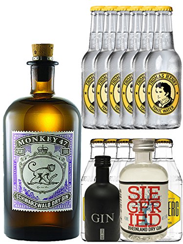 Gin-Set Monkey 47 Schwarzwald Dry Gin 0,5 Liter + Black Gin Gansloser Deutschland 5cl + Siegfried Dry Gin Deutschland 4cl + 6 x Thomas Henry Tonic Water 0,2 Liter, 6 x Goldberg Tonic Water 0,2 Liter von Monkey 47