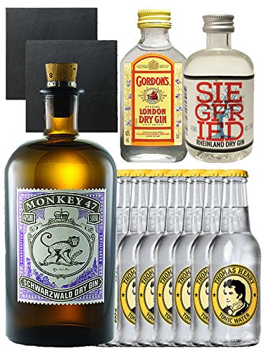 Gin-Set Monkey 47 Schwarzwald Dry Gin 0,5 Liter + Siegfried Dry Gin Deutschland 4cl + Gordons Dry Gin 5 cl + 8 Thomas Henry Tonic Water 0,2 Liter + 2 Schieferuntersetzer quadratisch 9,5 cm von Monkey 47
