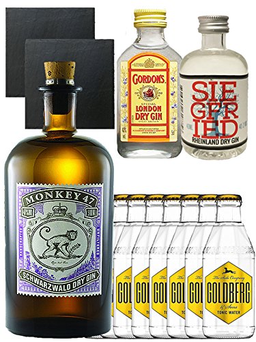 Gin-Set Monkey 47 Schwarzwald Dry Gin 0,5 Liter + Siegfried Dry Gin Deutschland 4cl + Gordons Dry Gin 5 cl + 8 x Goldberg Tonic Water 0,2 Liter + 2 Schieferuntersetzer quadratisch 9,5 cm Gin-Set Monkey 47 Schwarzwald Dry Gin 0,5 Liter + Siegfried Dry Gin Deutschland 4cl + Gordons Dry Gin 5 cl + 8 x Goldberg Tonic Water 0,2 Liter + 2 Schieferuntersetzer quadratisch 9,5 cm von Monkey 47
