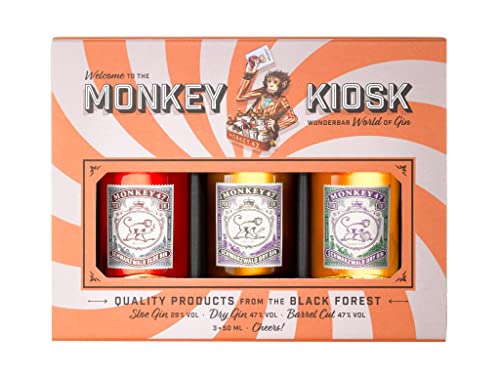 Monkey 47 Kiosk Set, Schwarzwald Gin Probierset mit Dry Gin, Sloe Gin und Barrel Cut, Gin Tasting Geschenk-Box mit drei Miniatur-Flaschen, 3 x 50ml von Monkey 47