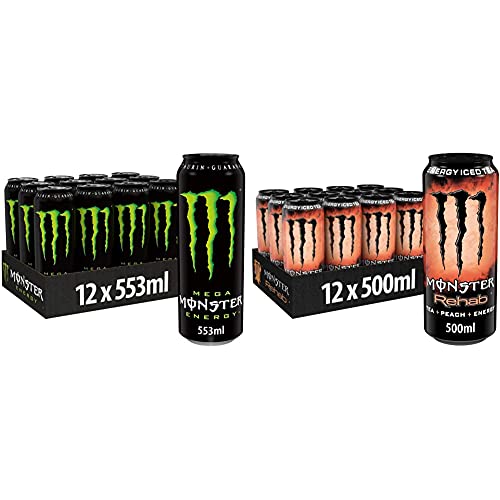 Monster Energy, 553 ml, Einweg-Dose, mit klassischem Energy-Geschmack – wiederverschließbar & Rehab Peach, 500 ml, Einweg-Dose – Energy Iced Tea mit Pfirsichgeschmack von Monster Energy