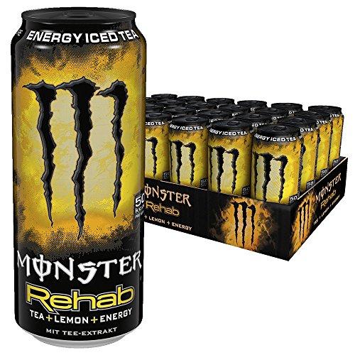 Monster Energy Flavour Rehab Lemonade mit Tee Extrakten & Lemon Geschmack - ohne Kohlensäure , Energy Drink Palette mit 24 x 500ml Dosen , 2in1 Energie Getränk & Eistee von Monster Energy