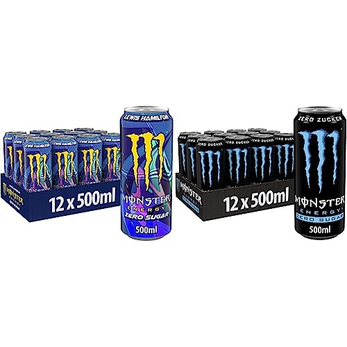Monster Energy Lewis Hamilton Zero - koffeinhaltiger Energy Drink (12 x 500 ml) & Zero Sugar - koffeinhaltiger Energy Drink mit klassischem Monster-Geschmack(12 x 500 ml) von Monster Energy