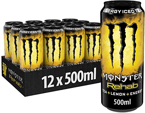 Monster Energy Rehab Lemon - koffeinhaltiger Energy-Eistee mit Zitronen-Geschmack - Energydrink ohne Kohlensäure - in praktischen Einweg Dosen (12 x 500 ml) von Monster Energy