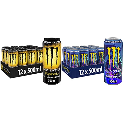 Monster Energy Rehab Lemon - koffeinhaltiger Energy-Eistee mit Zitronen-Geschmack - Energy Drink ohne Kohlensäure - in praktischen Einweg Dosen & Lewis Hamilton Zero von Monster Energy