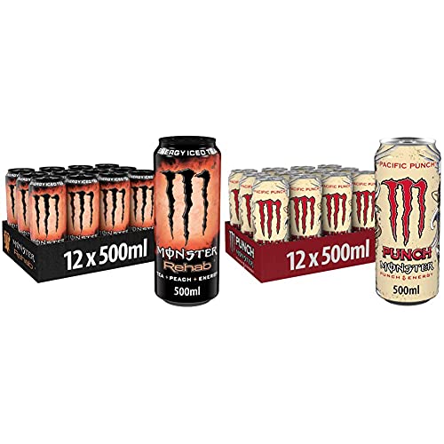 Monster Energy Rehab Peach, 500 ml, Einweg-Dose – Energy Iced Tea mit Pfirsichgeschmack & Pacific Punch, 500 ml, Einweg-Dose, mit einem Mix aus Himbeere, Guave und Kirsche von Monster Energy