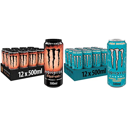 Monster Energy Rehab Peach - (12 x 500 ml) & Ultra Fiesta - koffeinhaltiger Energy Drink mit leichtem Mango-Geschmack - ohne Zucker und ohne Kalorien - in praktischen Einweg Dosen (12 x 500 ml) von Monster Energy
